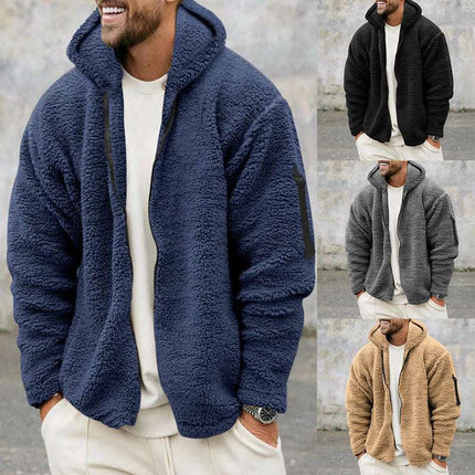 Plush Hooded Jacket Men's Autumn And Winter Fleece Double - sided Wear Warm Coat With Zipper Loose Casual Jacket Outdoor Clothing - Royalessencelux