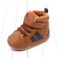 Brown textured leather baby shoes with plush lined sports orange lining and navy blue stripes featuring velcro straps