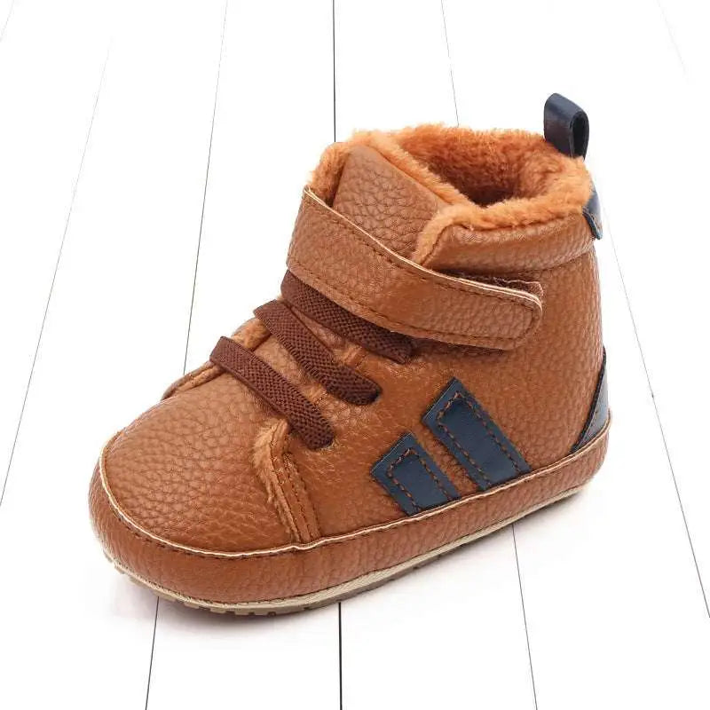 Brown textured leather baby shoes with plush lined sports orange lining and navy blue stripes featuring velcro straps