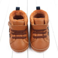 Tan leather baby shoes with plush lined sports soft sole brown lining and velcro straps for easy wear