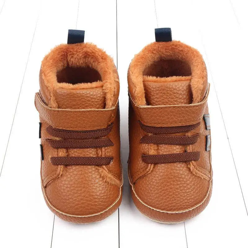 Tan leather baby shoes with plush lined sports soft sole brown lining and velcro straps for easy wear