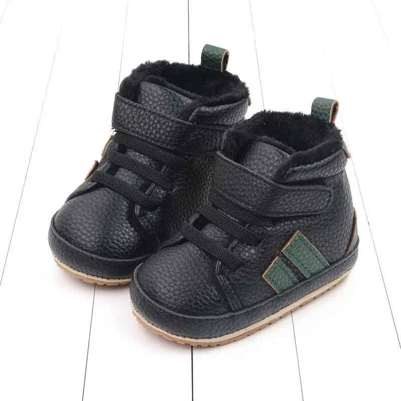 Black textured leather baby shoes with green accents plush lined sports soft sole and velcro straps
