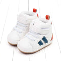 White baby shoes with navy stripes red pull tabs plush lined sports soft-sole cotton velcro straps