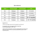 Size reference chart for plush lined sports soft-sole cotton baby shoes with velcro straps in a green-bordered table
