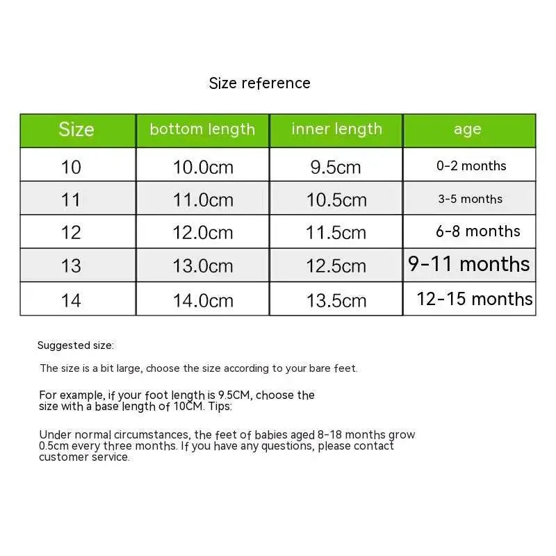 Size reference chart for plush lined sports soft-sole cotton baby shoes with velcro straps in a green-bordered table