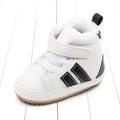 Plush lined sports white baby shoes with black stripes soft sole cotton and velcro straps for comfort