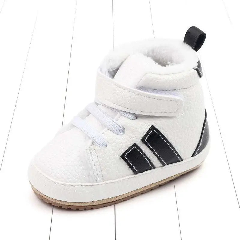 Plush lined sports white baby shoes with black stripes soft sole cotton and velcro straps for comfort