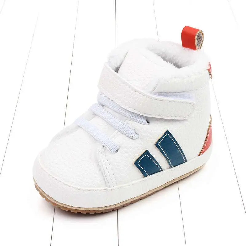 White baby shoes plush lined sports with navy blue stripes red pull tab and soft cotton velcro straps