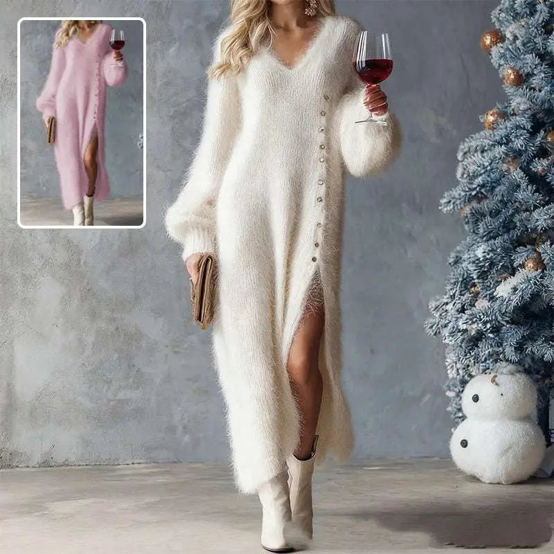 a plush off-white long-sleeved knit dress with a v-neckline and front button closure featured in fashionable ways to style striped knit bodycon and palazzo pants.