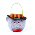 Gray plush pumpkin halloween candy bucket with orange black striped hat red bow tie and green handle for party favour bags