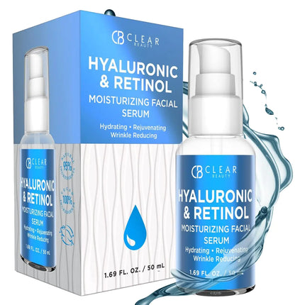 Clear Beauty Hyaluronic Acid & Retinol Moisturizing Facial Serum - Dermatologist Tested Lightens Dark Spots Anti-Wrinkle Hydrating Clean Beauty Cruelty-Free Korean Skin Care - All Skin Types