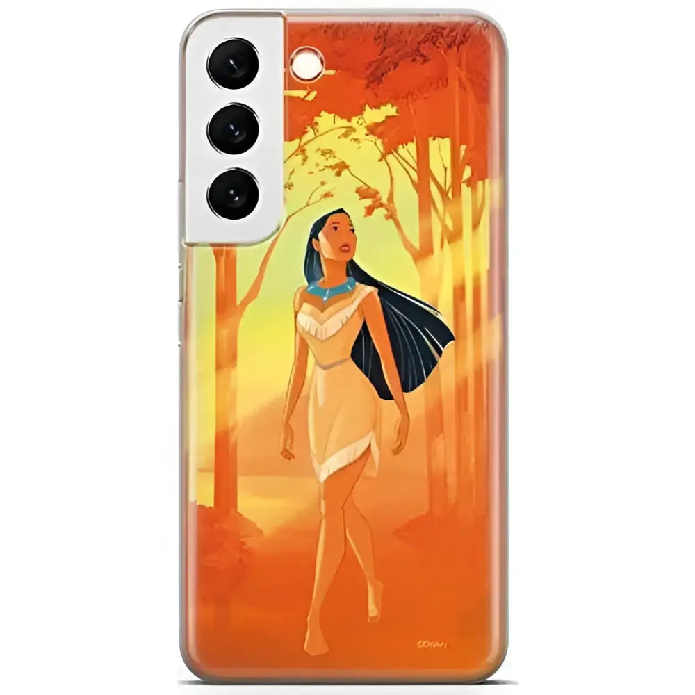 Transparent phone case for pocahontas samsung s22 featuring vibrant orange and yellow forest illustration on back side perfect fit