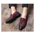 Pointed men’s slip burgundy woven leather shoes with black rubber soles and tassel detail slip woven leather loafers