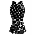 Black polka dots slim fit fishtail skirt midi dress with ruffled hemline and white trim neckline and waistband