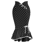 Black polka dots slim fit fishtail skirt midi dress with ruffled hemline and white trim neckline and waistband