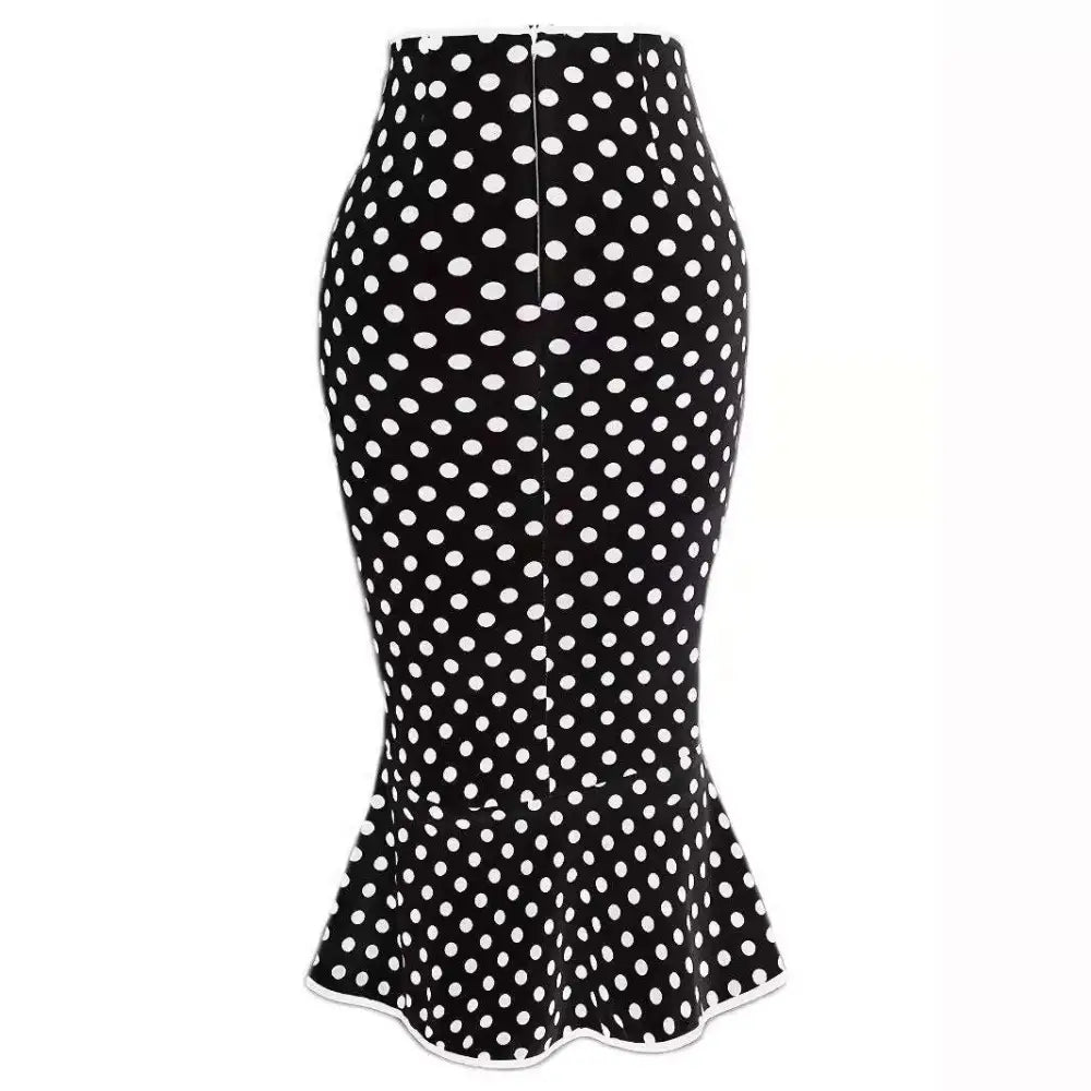Black and white polka dot slim fit fishtail skirt with fitted waist and flared hem for elegant wear