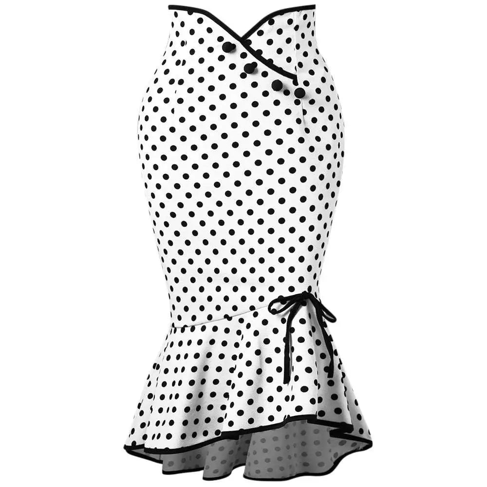 A white slim fit fishtail skirt with black polka dots and a flared peplum hem for a stylish silhouette