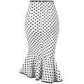 A white slim fit fishtail skirt with black polka dots and a flared hem suitable for elegant occasions