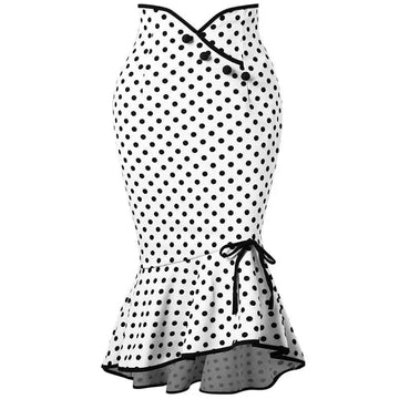 A white slim fit fishtail skirt with black polka dots featuring a fitted silhouette and flared peplum hem