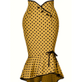 A mustard-yellow sleeveless dress with black polka dots, crossed front neckline, and slim fit fishtail skirt design