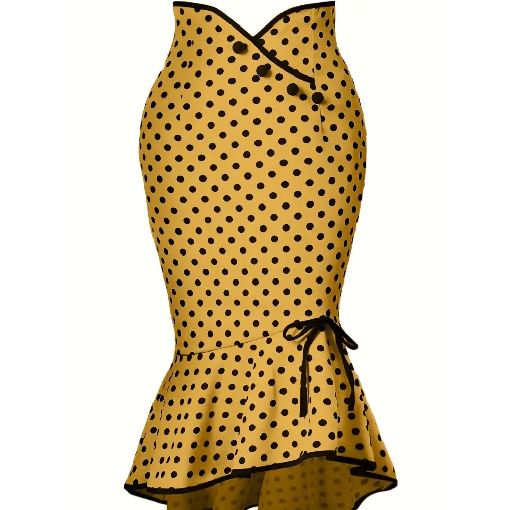 A mustard-yellow sleeveless dress with black polka dots, crossed front neckline, and slim fit fishtail skirt design