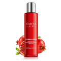 A sleek red cylindrical bottle of caicui pomegranate moisture emulsion with silver cap in pomegranate set moisturizing cosmetics skin care
