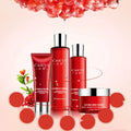 Red caicui pomegranate moisturizing cosmetics skin care set with glossy bottles and jars with silver caps for moisture care