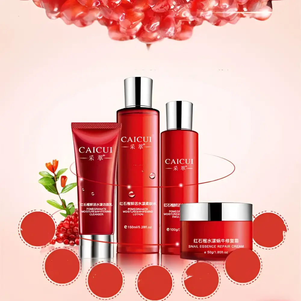 Red caicui pomegranate moisturizing cosmetics skin care set with glossy bottles and jars with silver caps for moisture care