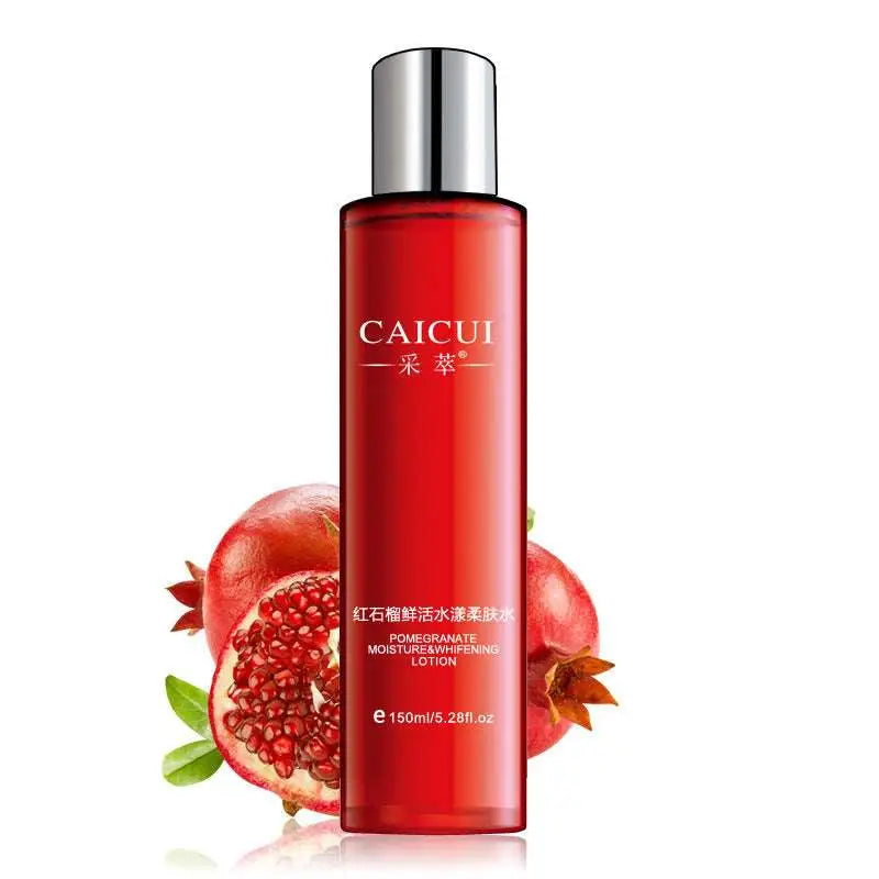 A sleek transparent red caicui pomegranate moisture lotion bottle with silver cap for pomegranate set moisturizing cosmetics skin care