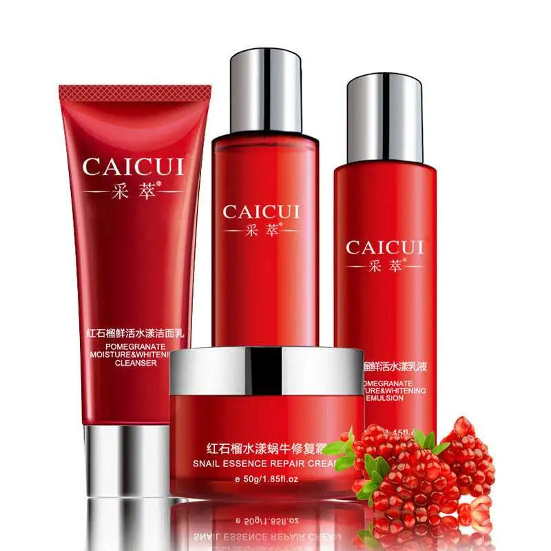 Red caicui pomegranate skin care set with tube bottles and jar with silver caps for pomegranate set moisturizing cosmetics skin care