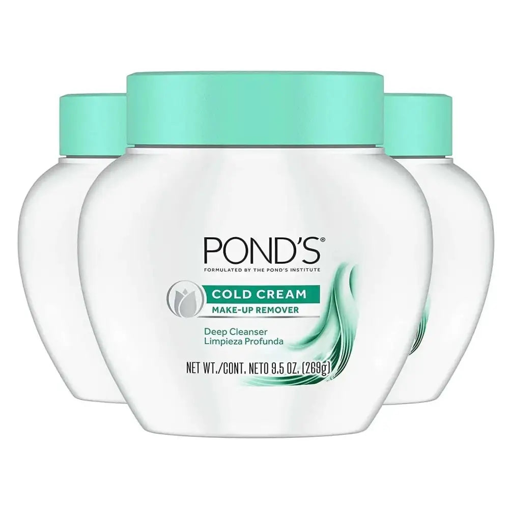 White ceramic jar with mint green lid and ponds cold cream label for makeup remover 9.5 oz 3 pack