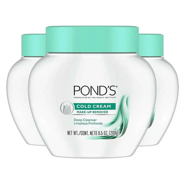 White ceramic jar with mint green lid and ponds cold cream label for makeup remover 9.5 oz 3 pack