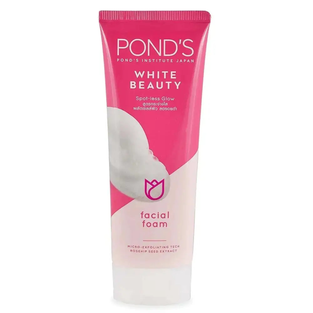 Pink and white tube of ponds white beauty facial foam cleanser 50g gently cleanses weary sallow skin for pinkish-white glow