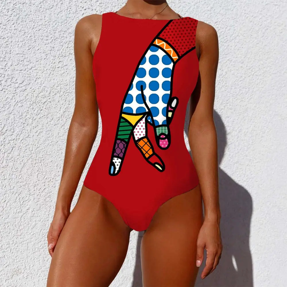 A vibrant sleeveless one-piece print lady swimsuit with vintage abstract print featuring a green eye and geometric patterns