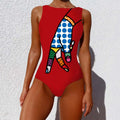 Red one-piece print lady swimsuit with vintage abstract print and bold pop art stylized hand design