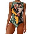 A sleeveless one-piece print lady swimsuit with vintage abstract print in green black yellow and peach tones with white leaves