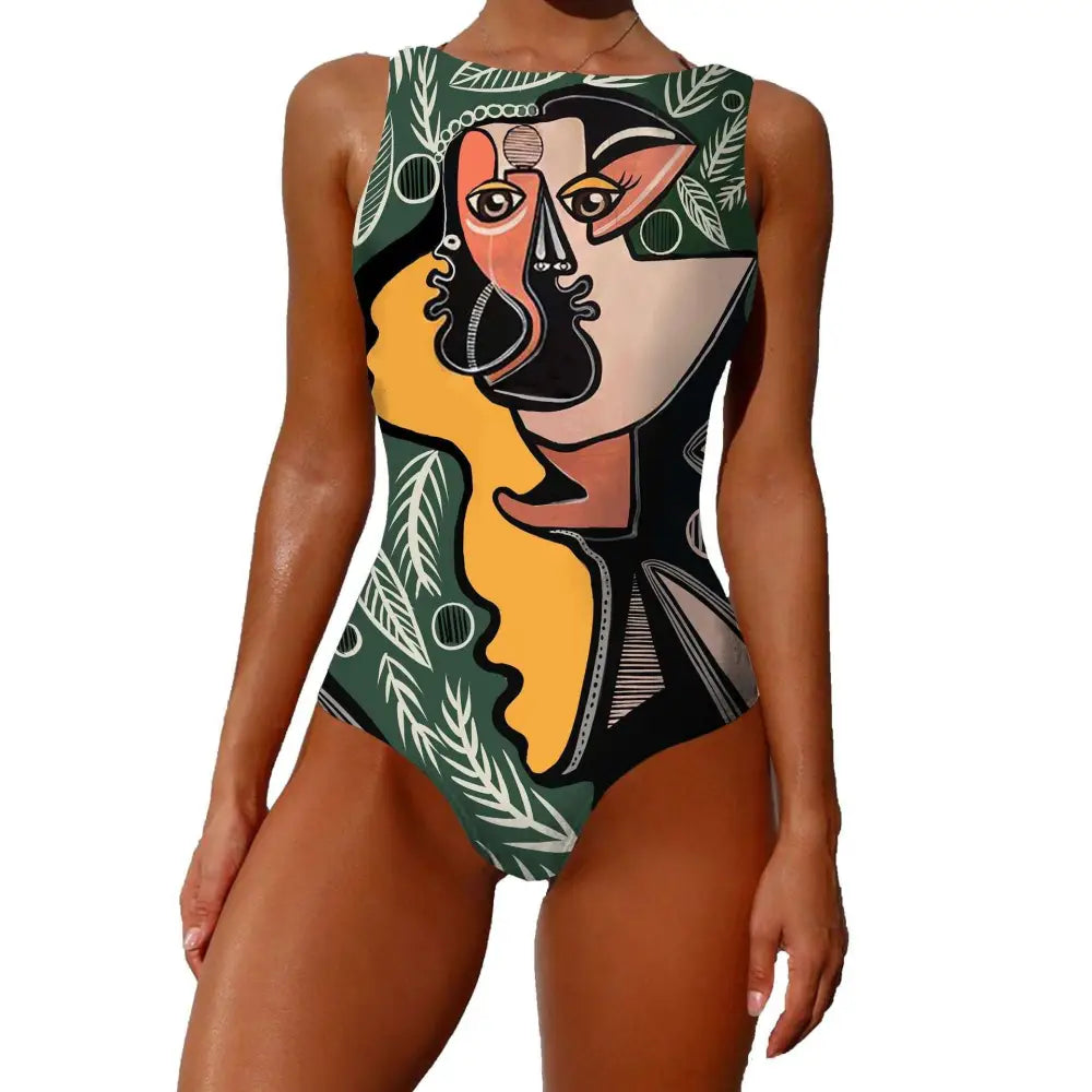 A sleeveless one-piece print lady swimsuit with vintage abstract print in green black yellow and peach tones with white leaves