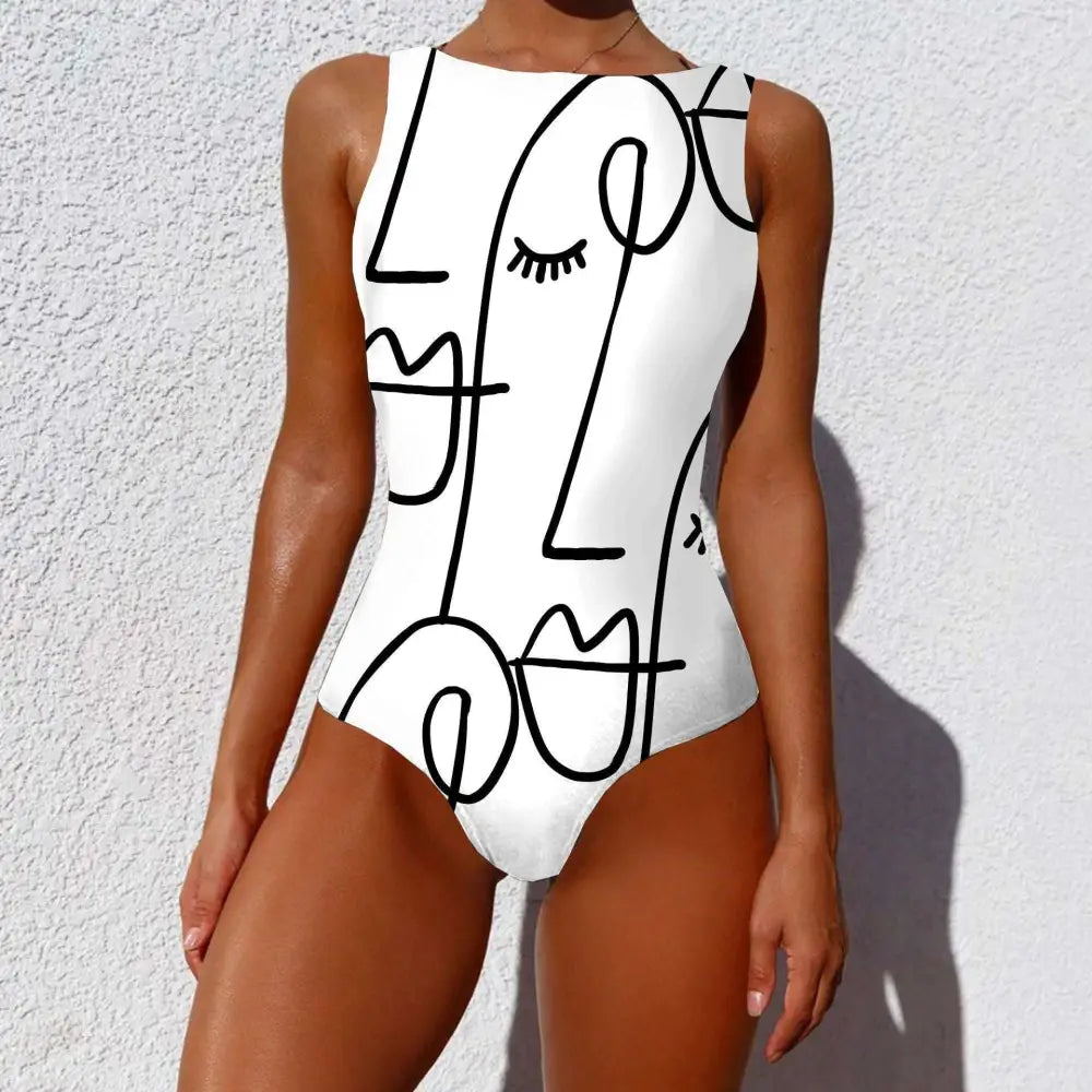 White one-piece swimsuit with vintage abstract print featuring a minimalist black line-art abstract print lady design