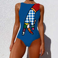 Blue one-piece print lady swimsuit with a bold vintage abstract print hand design and colorful geometric patterns