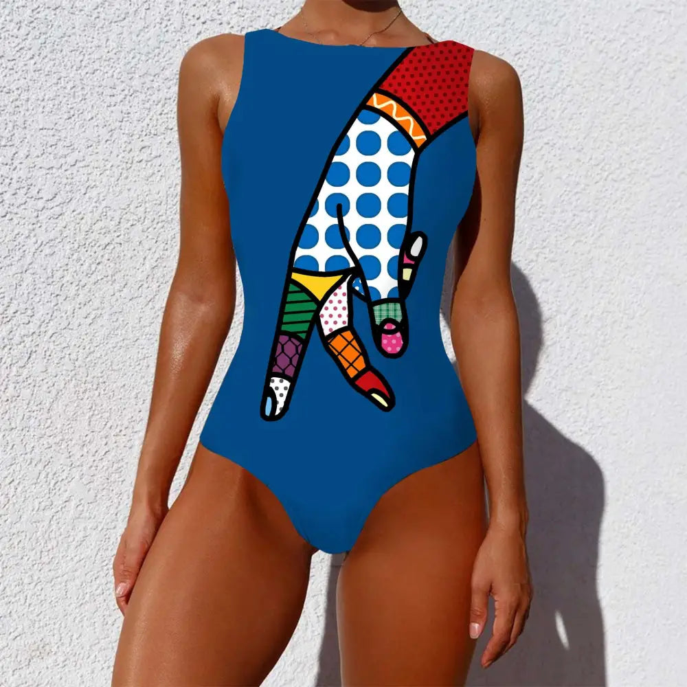 Blue one-piece print lady swimsuit with a bold vintage abstract print hand design and colorful geometric patterns