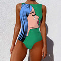Green one-piece swimsuit featuring vintage abstract print lady with blue hair and pink lips crying in bold pop art style