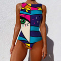 A vibrant sleeveless one-piece print lady swimsuit with vintage abstract print featuring a green eye and geometric patterns