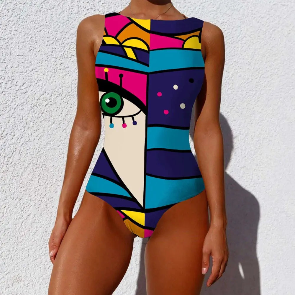 A vibrant sleeveless one-piece print lady swimsuit with vintage abstract print featuring a green eye and geometric patterns