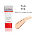 Phoebes nude 102 tube liquid foundation in a sleek silver and red iridescent matte silky tube for flawless coverage
