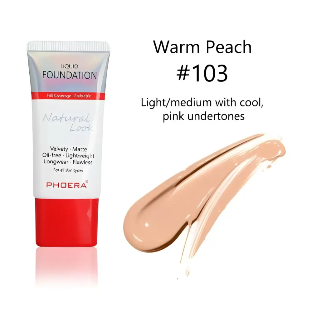 Warm peach 103 tube liquid foundation in a sleek iridescent silver and red matte silky tube for full coverage longwear