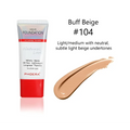 Buff beige 104 tube liquid foundation with iridescent silver cap and velvety matte finish for a matte silky tube look