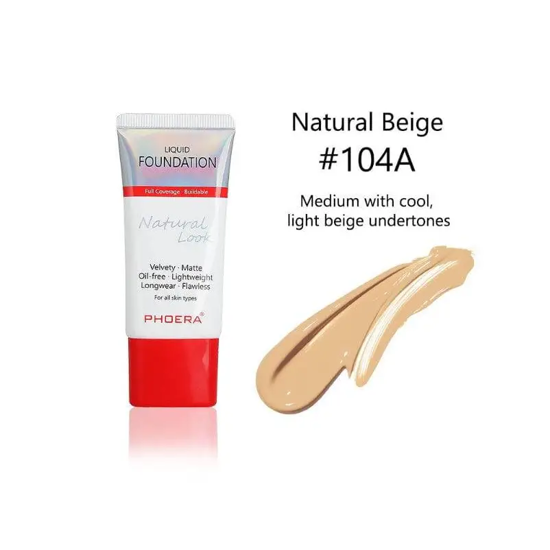 Natural beige 104a tube liquid foundation in white and red with iridescent silver matte silky tube for all skin types
