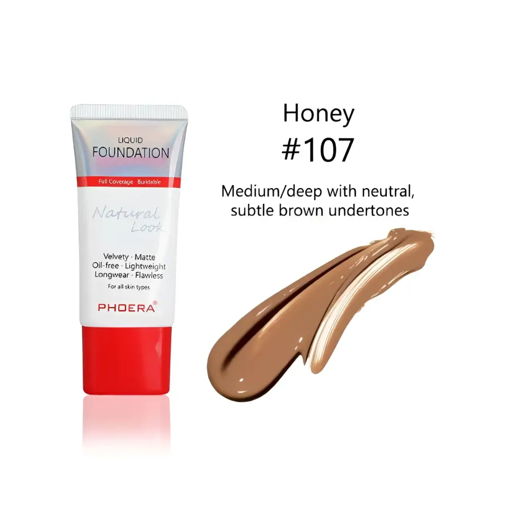 Phoeera tube liquid foundation honey 107 medium deep shade neutral undertones matte silky tube with iridescent silver accents