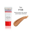 Tan 108 tube liquid foundation in a white and red matte silky tube with iridescent silver top for all skin types