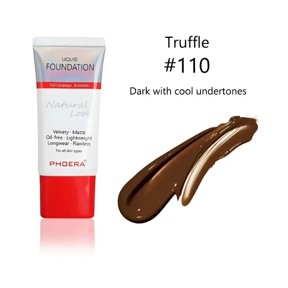 Phoera porcelain 101 matte silky tube liquid foundation in truffle 110 dark cool shade with iridescent silver and red cap
